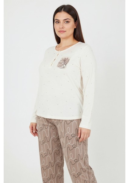 Üstü Puanlı Altı Çizgi Desenli Elite Viscose Uzun Büyük Beden Pijama Takımı Ekru 3585 modelleri