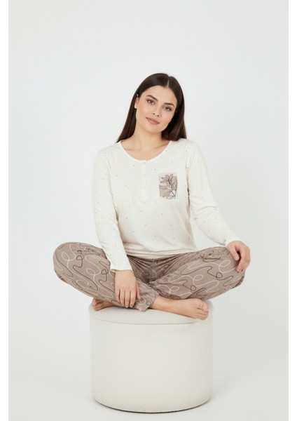 Üstü Puanlı Altı Çizgi Desenli Elite Viscose Uzun Büyük Beden Pijama Takımı Ekru 3585 indirimleri