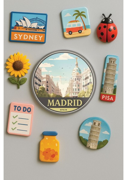 Modern ve Dekoratif Yuvarlak Buzdolabı Magneti Magnet Büyük Boy 10X10 cm - Madrid