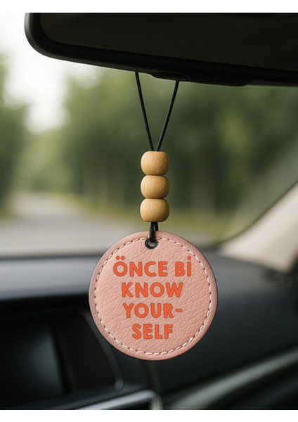 Tasarım Deri Süslemeli Desenli Tematik Dikiz Araç Aynası Süsü Açık Pembe - Know Yourself