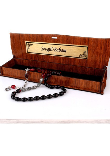 Gümüş Püsküllü Sevgili Babam Yazılı Ahşap Kutulu Ateş Kehribar Tesbih