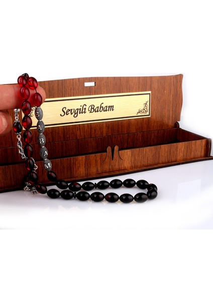 Gümüş Püsküllü Sevgili Babam Yazılı Ahşap Kutulu Ateş Kehribar Tesbih modelleri