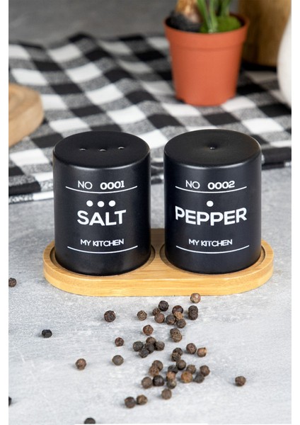 Savora Seramik Bambu Altlıklı Tuzluk Biberlik Seti Baharat Takımı Siyah