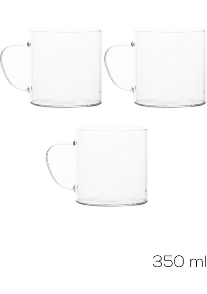 PBT-589 Borosilikat Isıya Ateşe Dayanıklı Cam Kulplu 3lü Çay Bardağı Kahve Bardak Seti Kupa Şeffaf 350 ml