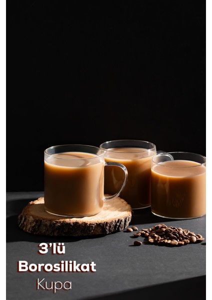 PBT-589 Borosilikat Isıya Ateşe Dayanıklı Cam Kulplu 3lü Çay Bardağı Kahve Bardak Seti Kupa Şeffaf 350 ml fiyatları