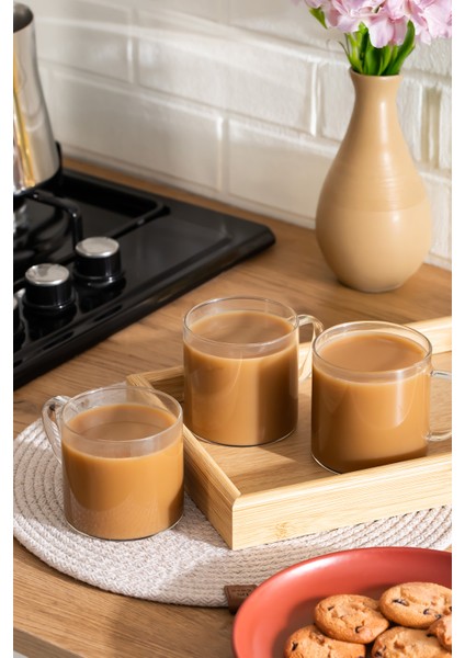 PBT-589 Borosilikat Isıya Ateşe Dayanıklı Cam Kulplu 3lü Çay Bardağı Kahve Bardak Seti Kupa Şeffaf 350 ml fırsatları