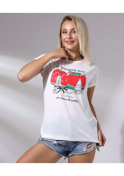Bisiklet Yaka Kısa Kollu Normal Size Baskılı Basic Kadın T-Shirt 20479 Ekru modelleri