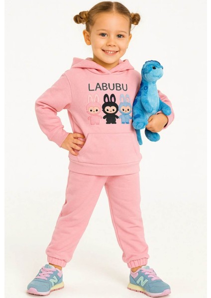 Kız Çocuk Iki Ip Eşofman Takımı Labubu Takım Kapüşonlu Baskılı Sweatshirt ve Pantolon 4/8 Yaş