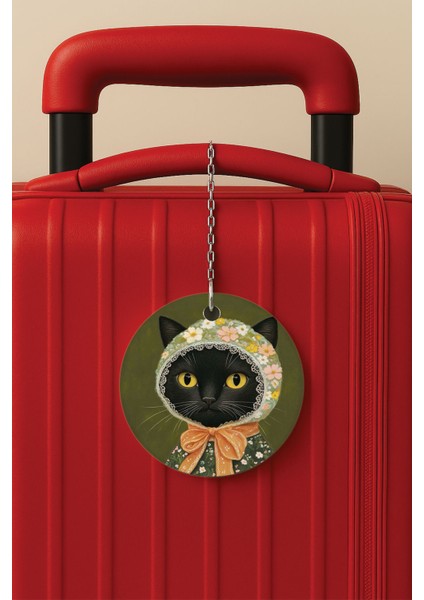 Desenli Baskılı Pleksi Zincir Aparatlı Bavul Etiketi Valiz Etiketi Kara Kedi