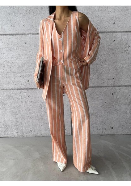 Çizgili Ceket Keten - Orange