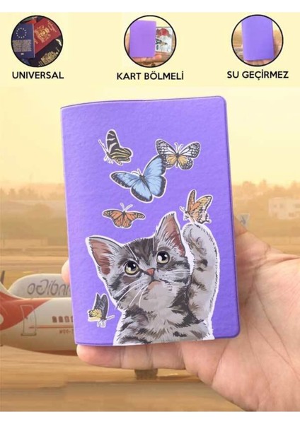 Tüm Ülke Pasaportlarına Uyumlu Kedi Oyunu Mor Vinleks Pasaport Kılıfı Kabı