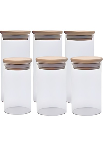 6'lı Bambu Kapaklı Hava Geçirmez Cam Kavanoz Seti - Baharat Kuruyemiş Bakliyat Çay Kahve Şeker Tuz Saklama Kabı Mutfak Düzenleyici