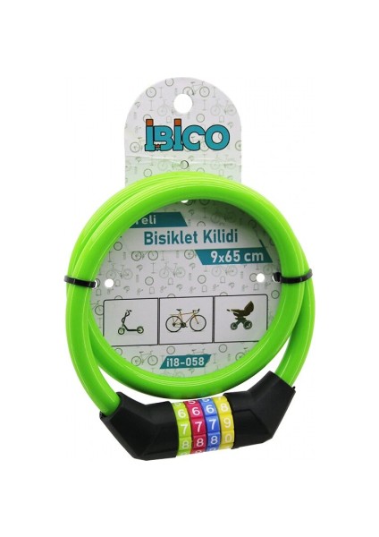 Şifreli Ince Bisiklet Kilit Çelik Tel Yeşil Renkli Kılıf 9MMX65CM (5324)