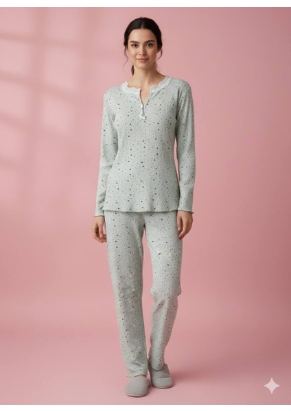 Dantel Yaka Detaylı Pamuklu Penye Kumaş Pijama Takımı