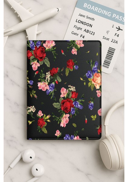 Tüm Ülke Pasaportları Için Siyah Vinleks Deri Pasaport Kılıfı Kabı Kırmızı Gül