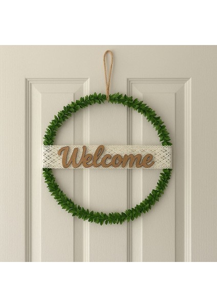 El Yapımı 25 cm Kapı Süsü Yapay Yeşil Çelenk, Dantel Detaylı Dekoratif Kapı Aksesuarı Hediyelik