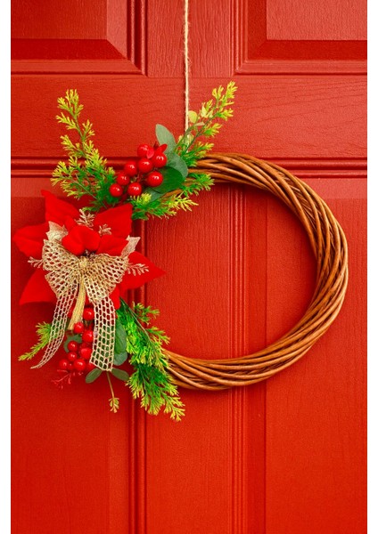 30 cm Bambu Yılbaşı Kapı Süsü – Kokina Çiçekli Kırmızı ve Gold Detay Premium Dekor fiyatları