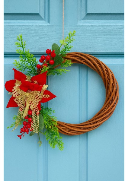 30 cm Bambu Yılbaşı Kapı Süsü – Kokina Çiçekli Kırmızı ve Gold Detay Premium Dekor fırsatları