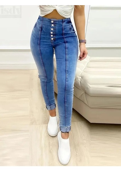 Kadın Yüksek Bel Önden Düğmeli Jean Pantolon modelleri