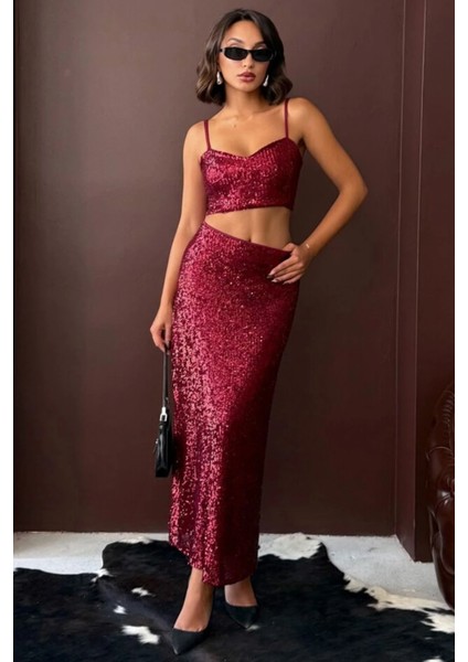 Bordo Payetli Uzun Etek - Yüksek Bel, Şık Gece Elbisesi Kombini