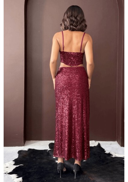 Bordo Payetli Uzun Etek - Yüksek Bel, Şık Gece Elbisesi Kombini fiyatları