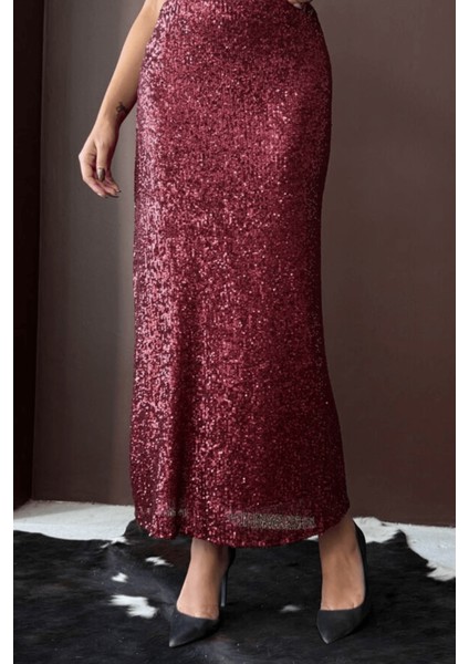 Bordo Payetli Uzun Etek - Yüksek Bel, Şık Gece Elbisesi Kombini modelleri