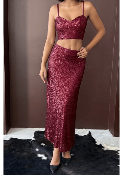 Bordo Payetli Uzun Etek - Yüksek Bel, Şık Gece Elbisesi Kombini fırsatları