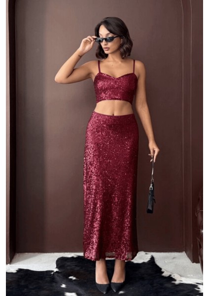 Bordo Payetli Uzun Etek - Yüksek Bel, Şık Gece Elbisesi Kombini indirimleri