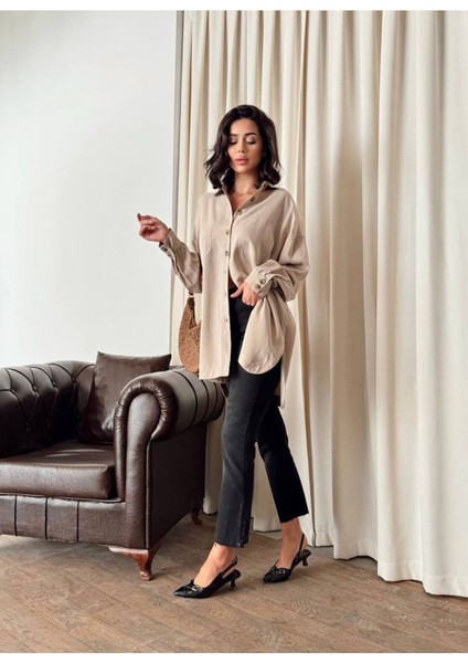 Kadın Kahverengi Oversize Salaş Uzun Kollu Gömlek – Rahat Kesim Şık Günlük Gömlek