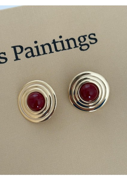 Vintage Yuvarlak Şerit Model Bordo Gold Çelik Küpe