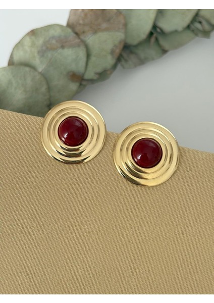 Vintage Yuvarlak Şerit Model Bordo Gold Çelik Küpe fırsatları