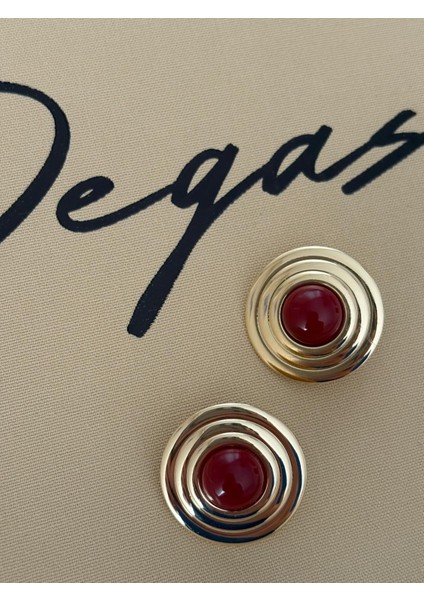 Vintage Yuvarlak Şerit Model Bordo Gold Çelik Küpe