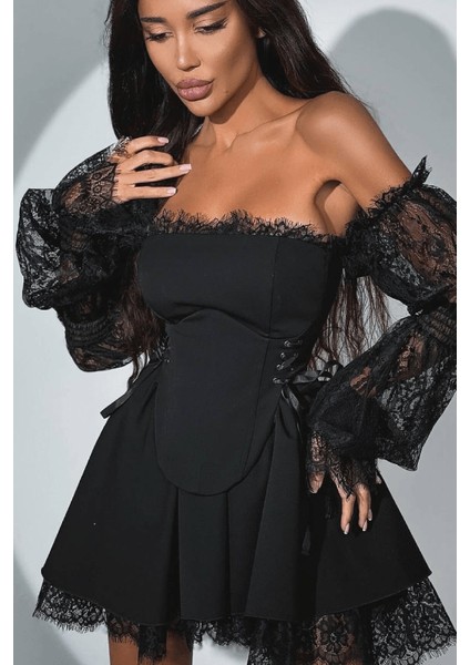 Kadın Likralı Dantel ve Dalgıç Kumaştan Üretilmiş, Gipeli Su Yolu ve Kuşgözü Detaylı Elbise fiyatları