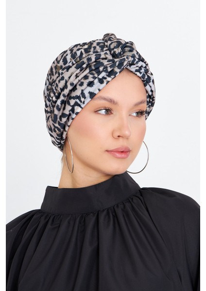 Gri Çapraz Büzgülü Tesettür Bone Sandy Leopar Desen 2511_15