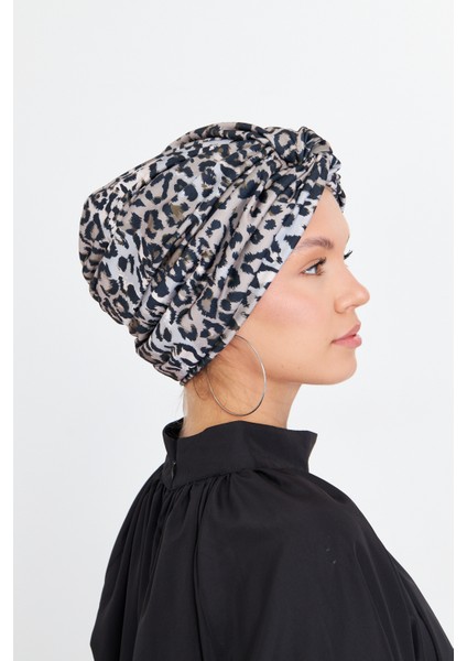 Gri Çapraz Büzgülü Tesettür Bone Sandy Leopar Desen 2511_15 modelleri