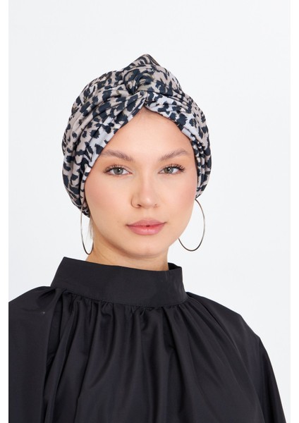 Gri Çapraz Büzgülü Tesettür Bone Sandy Leopar Desen 2511_15