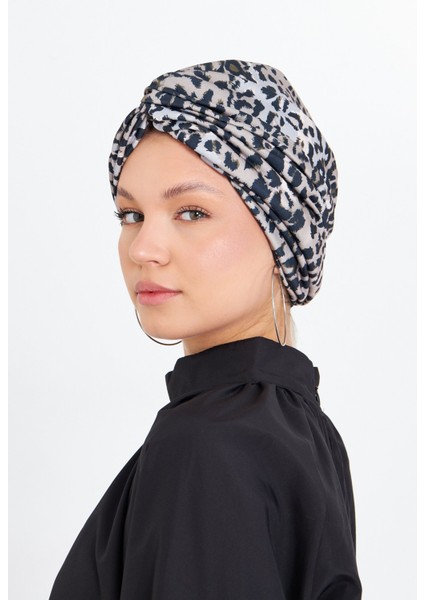 Gri Çapraz Büzgülü Tesettür Bone Sandy Leopar Desen 2511_15