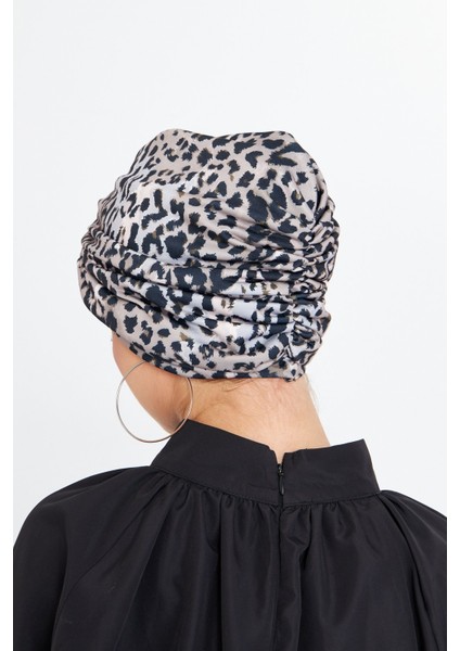 Gri Çapraz Büzgülü Tesettür Bone Sandy Leopar Desen 2511_15