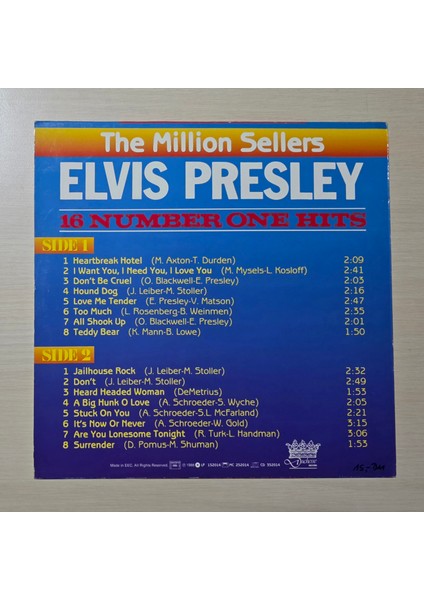 Elvis Presley - The Million Sellers - 16 Number One Hits (Best Of, Toplama) - 1988 - Dönem Baskı Plak - Longplay - Lp fiyatları