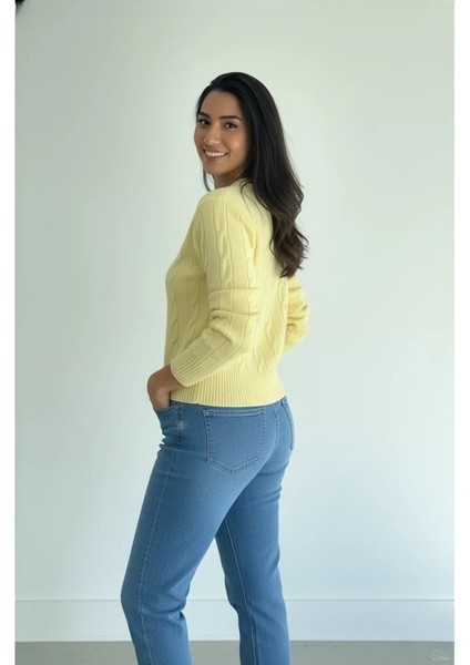 Kadın Saç Örgü Desenli Fit Bisiklet Yaka Yumuşak Triko Kazak"