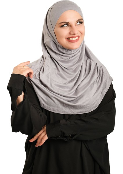 Gri Pratik Hazır Geçmeli Tesettür Eşarp Viskon Boneli Büyük Boy 1290BV_15