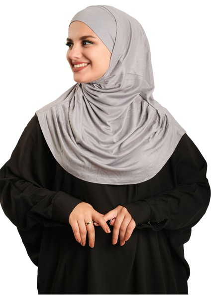 Gri Pratik Hazır Geçmeli Tesettür Eşarp Viskon Boneli Büyük Boy 1290BV_15 fiyatları