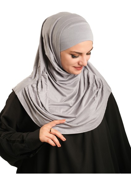 Gri Pratik Hazır Geçmeli Tesettür Eşarp Viskon Boneli Büyük Boy 1290BV_15 modelleri