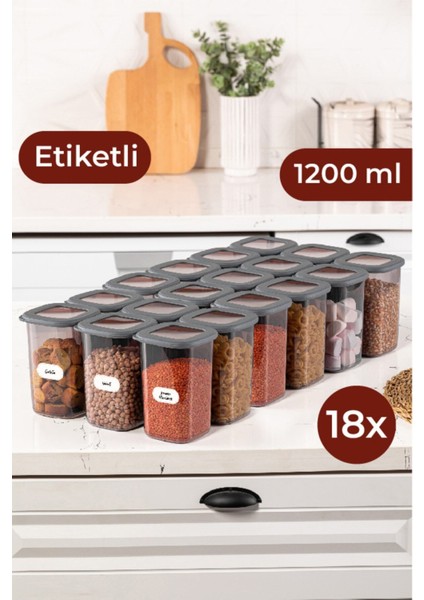 Etiketli Foly Kare Erzak Saklama Kabı Seti 18LI 1,2 Orta Boy Antrasit