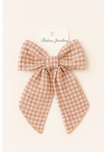 Kadın Müslin Kumaş Ekose Desenli Otomatik Mekanizmalı Fiyonk Toka 12X16 cm Saç Aksesuarı