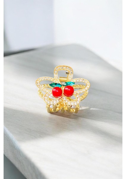 Kadın Gold Zirkon Taşlı Kiraz Detaylı Metal Toka ( 4,5 cm )