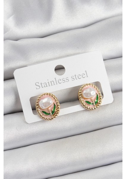 Bfs Pirinç Pembe Mineli Lale Figürlü Sanatsal Portre Model Gold Renk Kadın Küpe