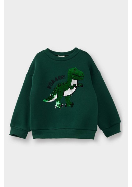 Erkek Bebek Bisiklet Yaka Dinozor Baskılı İçi Yumuşak Tüylü Sweatshirt G4221A525WN