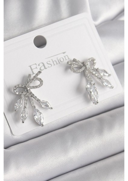 Bfs Pirinç Gümüş Renk Zirkon Taşlı Düğüm Model Damla Zirkon Taşlı Kadın Küpe