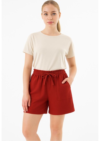 Lastikli Keten Şort Kiremit